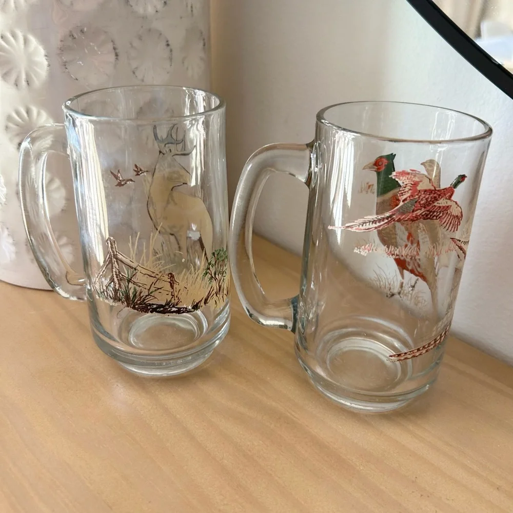 Vintage Hunting Wildlife Pheasant & Deer Set of 2 Glass Beer Mugs